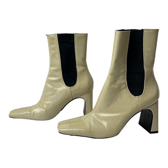 Zara Beige Patent Leather Square Toe Side Goring Heeled Ankle Boots Size 6‎ - Picture 3 of 12